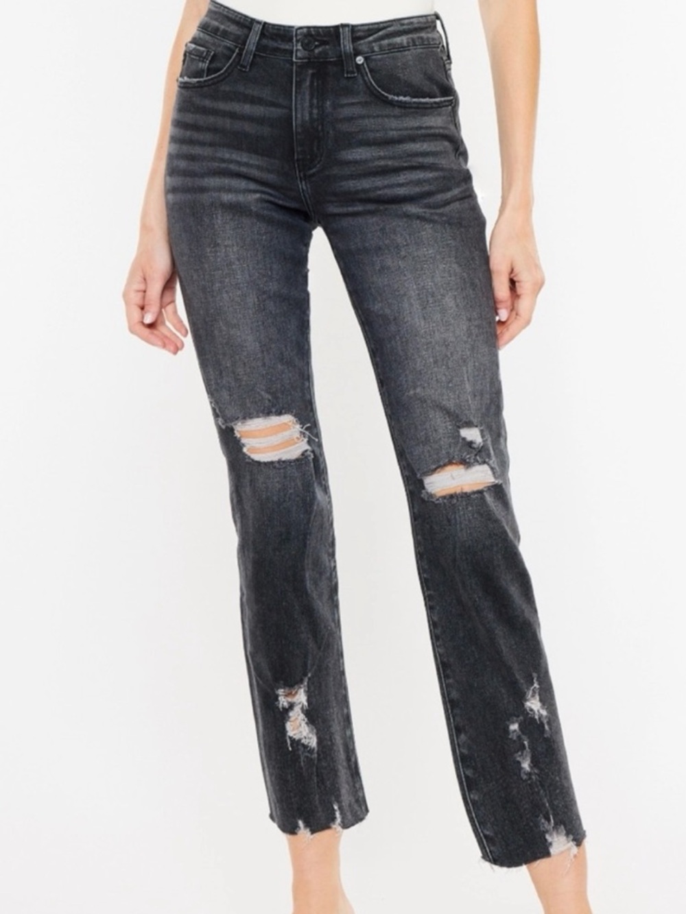 KanCan Mid Rise Ankle Straight Jeans Women’s 29 Black Distressed Raw Hem